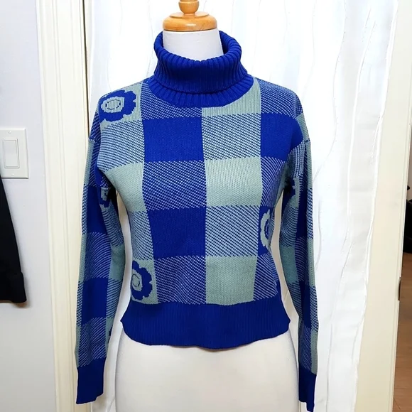 NWT United by Blue Lagoon Floral Buffalo Plaid Sweater - Picture 2 of 6